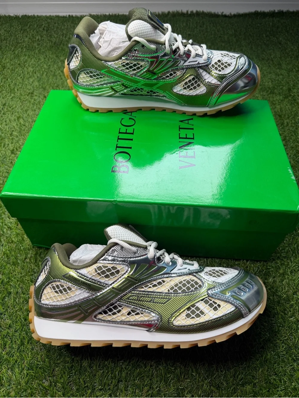 Bottega Veneta Olive Green and Silver Mesh Runner Sneakers